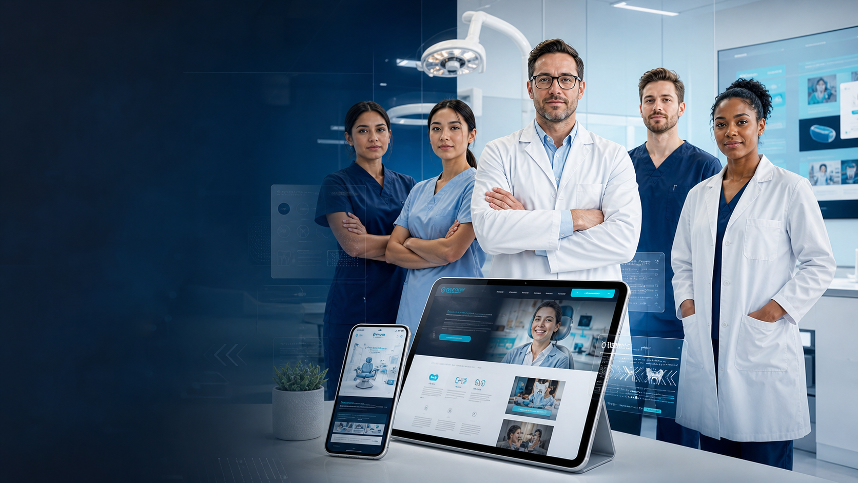 Dental team with modern website mockups