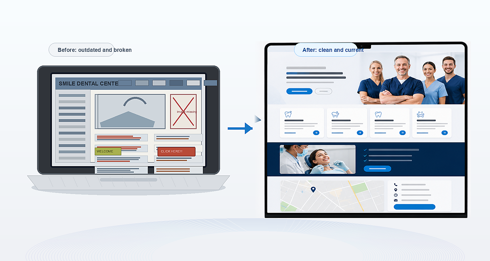 Before and after dental website refresh mockup